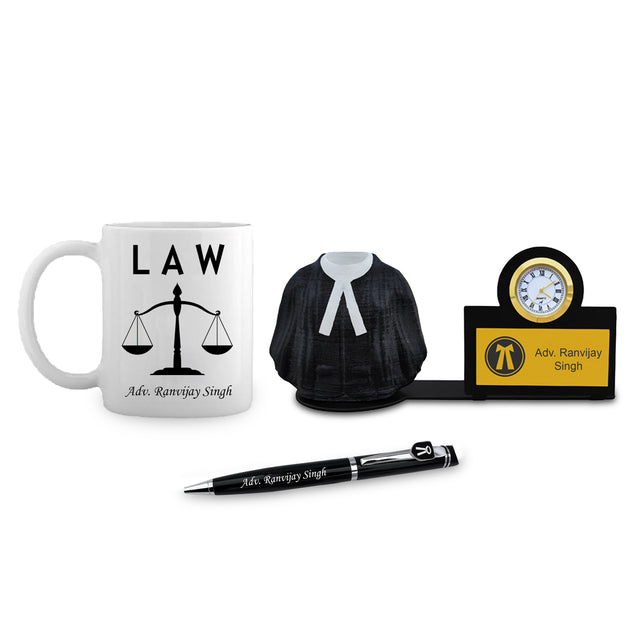 Personalized Advocate Desk Set – Engraved Pen, Pen Stand with Watch & Advocate Theme Mug