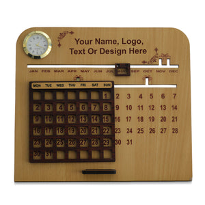Wooden Desk Calendar with Clock – Lifetime Perpetual Calendar with Name Engraving