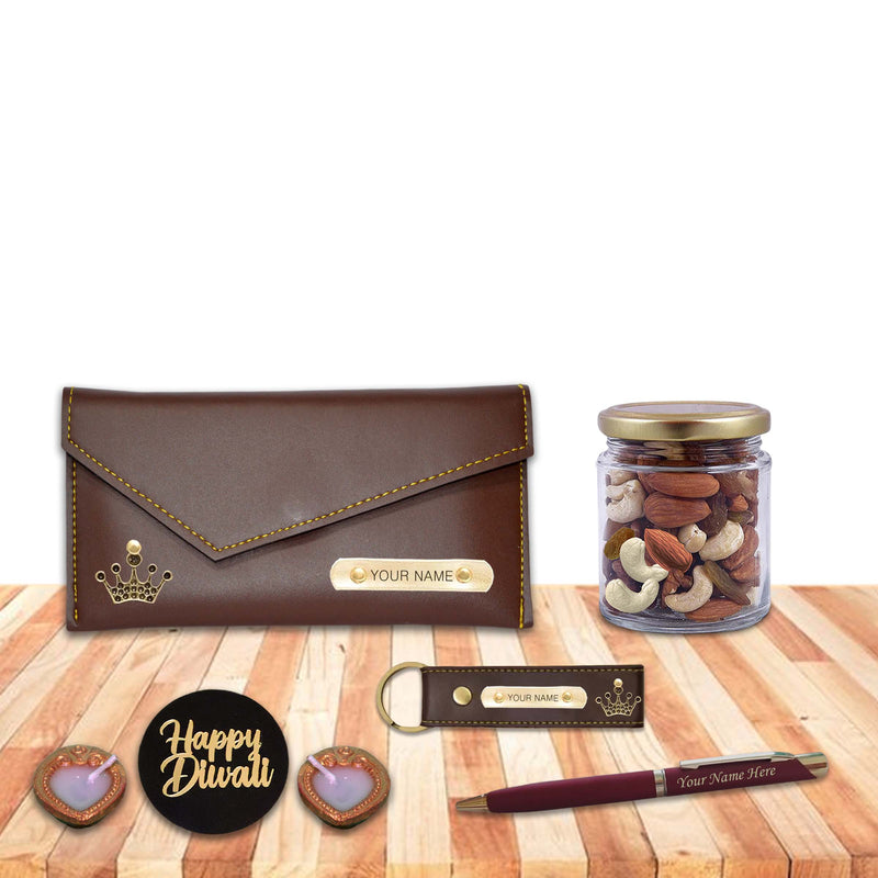 Diwali Gift Set for Female– Clutch, Pen, Keychain With Dry Fruits & Diyas.