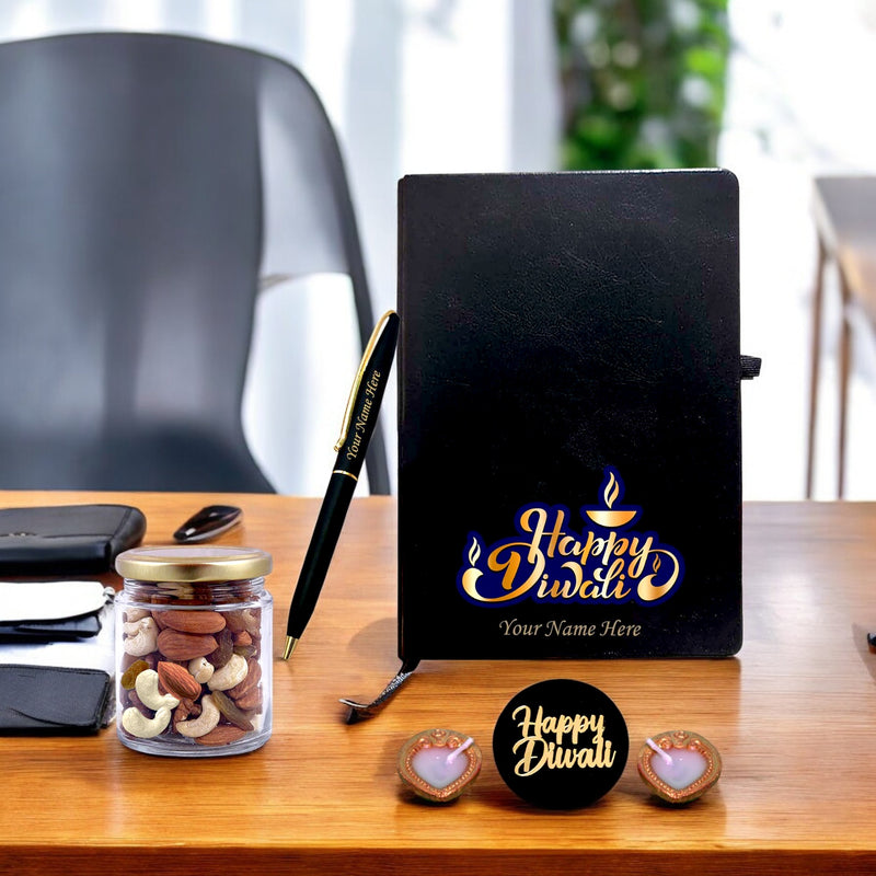 Diwali Gift Set - Leather Diary, Engraved Pen, Dry Fruit Jar & Diyas.