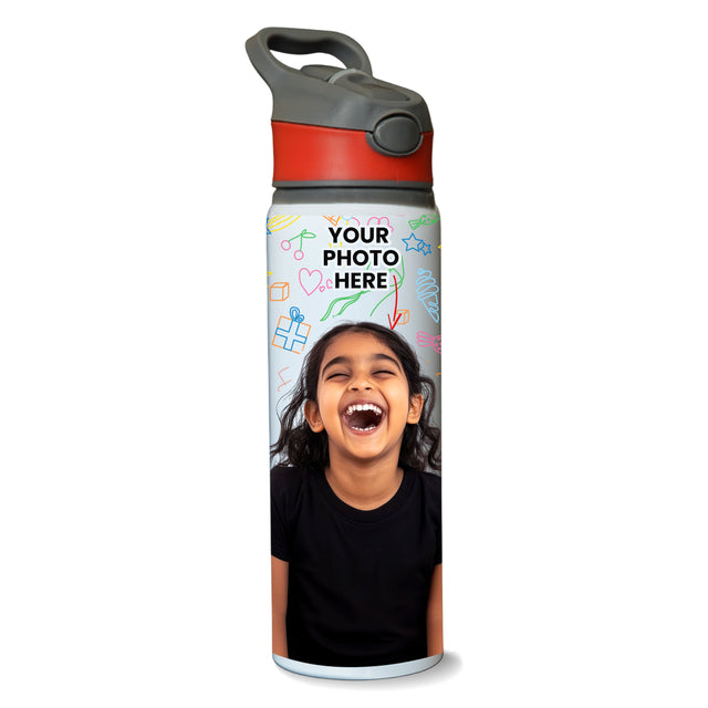 Custom Photo Printed Straw Water Bottle with Name – 750 ml