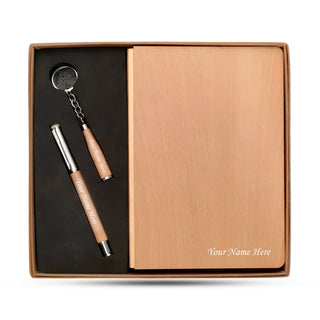 Wooden Finish Personalized Gift Set – Diary, Pen & Keychain with Employee Name & Company Logo –