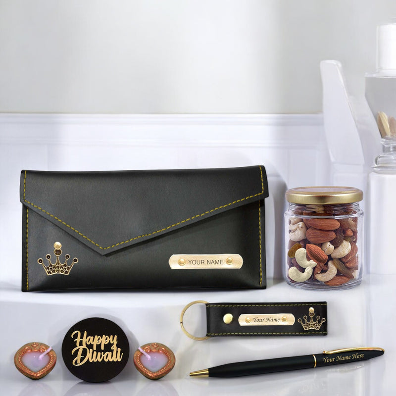 Diwali Gift Set for Female– Clutch, Pen, Keychain With Dry Fruits & Diyas.