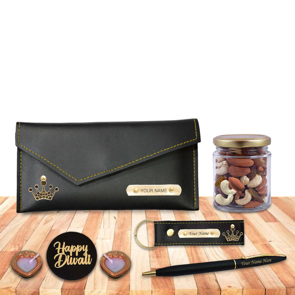 Diwali Gift Set for Female– Clutch, Pen, Keychain With Dry Fruits & Diyas.