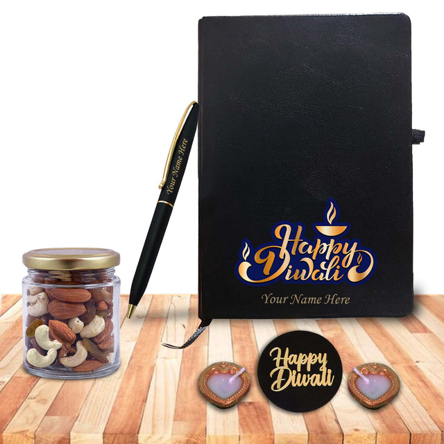 Personalized Diwali Gift Set – Leather Diary, Pen, Dry Fruit Jar & Diyas.