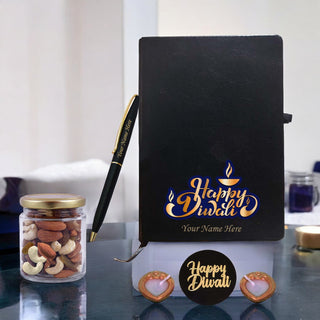 Personalized Diwali Gift Set – Leather Diary, Pen, Dry Fruit Jar & Diyas.