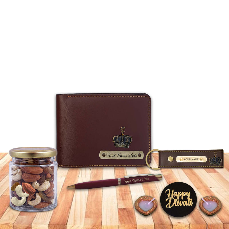 Diwali Gift Set for Men – Wallet, Pen, Keychain With Dry Fruits & Diya's.