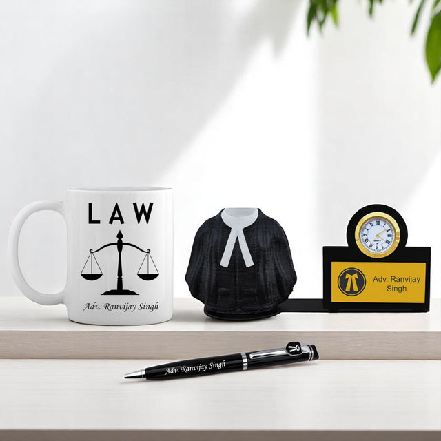 Personalized Advocate Desk Set – Engraved Pen, Pen Stand with Watch & Advocate Theme Mug