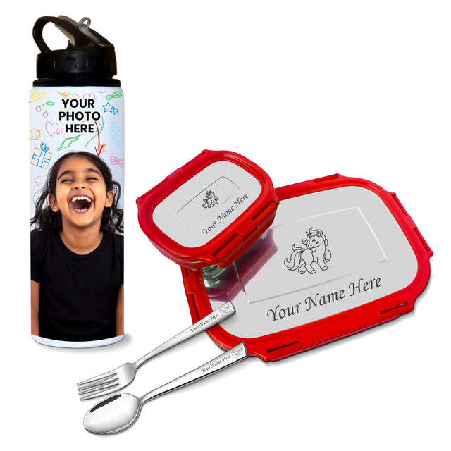 Personalized School Lunch Set – Name Engraved Lunch Box & Photo Printed Bottle