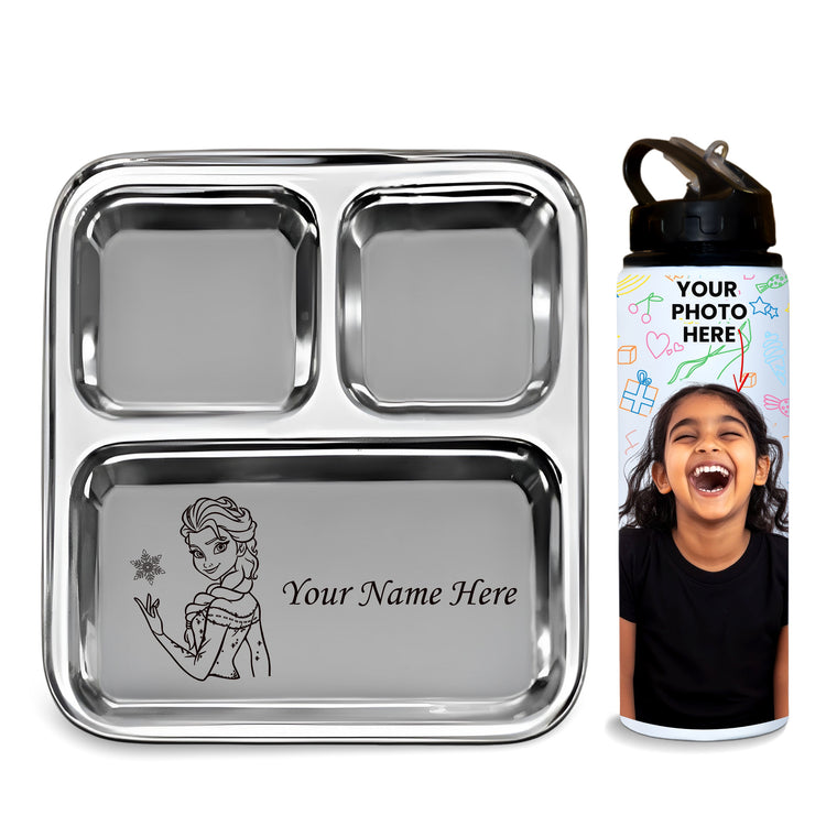 Personalized Kid Combo – Steel Plate with Name & Character + Photo Printed Sipper Bottle