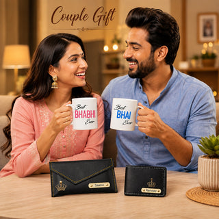 Customized Name Engraved Men's Wallet & Women's Clutch with Charm | Best Bhaiya Ever & Best Bhabhi Ever Ceramic Couple Mug Set| Personalized Gift for Bhaiya & Bhabhi