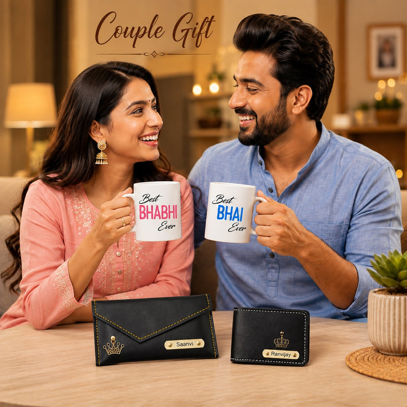 Customized Name Engraved Men's Wallet & Women's Clutch with Charm | Best Bhaiya Ever & Best Bhabhi Ever Ceramic Couple Mug Set| Personalized Gift for Bhaiya & Bhabhi
