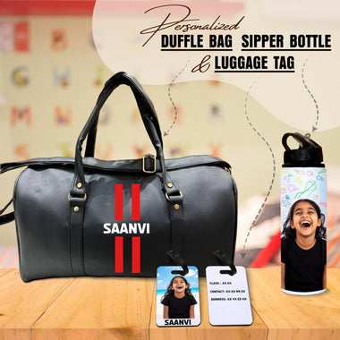 Kids Personalized Travel Set – Duffle Bag, Photo Sipper Bottle & Luggage Tag.