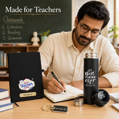 Customized Teachers Day Gift Combo with Name Engraved Pen, Water Bottle, A5 Diary & Keychain for Teachers.