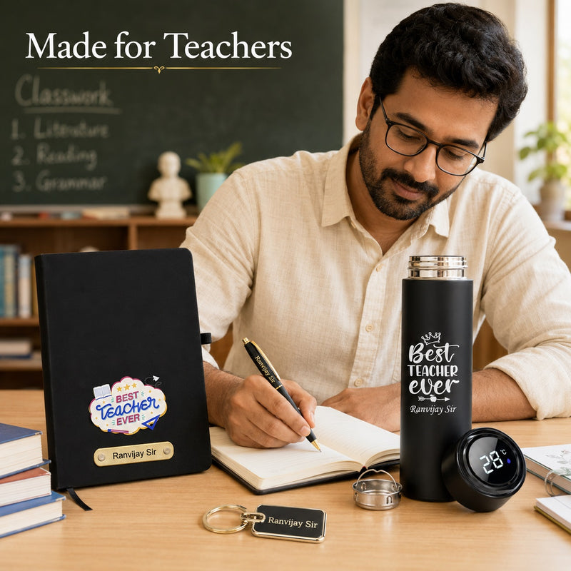 Customized Teachers Day Gift Combo with Name Engraved Pen, Water Bottle, A5 Diary & Keychain for Teachers.