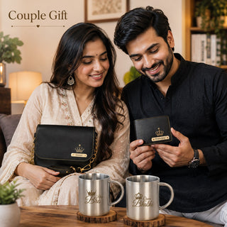 Customized Rakshabandhan Gift for Bhaiya & Bhabhi | Engraved Men's Wallet & Women's Sling Bag with Name & Charm | King Bro & Queen Bhabhi Steel Mugs