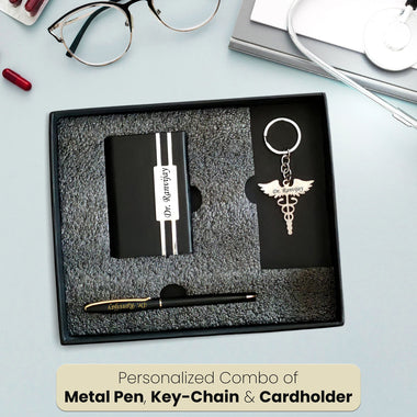 Professional Doctor Combo Set- Pen, Doctor Keychain & Card Holder With Name Engraved.