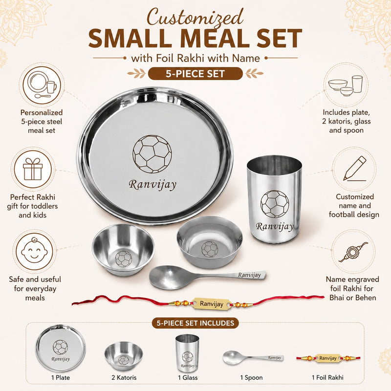 Personalized Rakshabandhan Gift Set – Customized Steel Meal Set with Name Cartoon Character | Engraved Foil Rakhi for Bhai