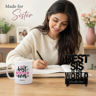 Personalized Gift Set for Sister | Customized Pen with Name Engraved, Awesome Sister Ever Mug & Best Sister in the World Acrylic Stand