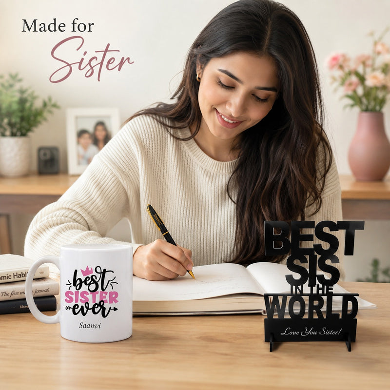 Personalized Gift Set for Sister | Customized Pen with Name Engraved, Awesome Sister Ever Mug & Best Sister in the World Acrylic Stand
