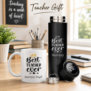 Customized Teachers Day Gift Combo for Teachers | Personalized Customized Black Teacher Bottle & Coffee Mug with Name