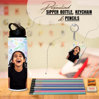 Personalized Kids Gift Set – Photo Printed Bottle & Keychain & Name  Engraved Pencils