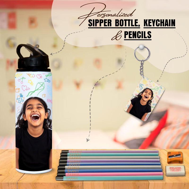 Personalized Kids Gift Set – Photo Printed Bottle & Keychain & Name  Engraved Pencils