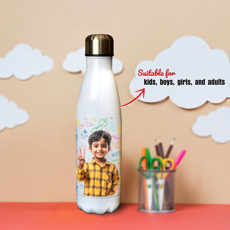 White Stainless Steel Insulated Bottle – Custom Photo & Name Printed Sipper.