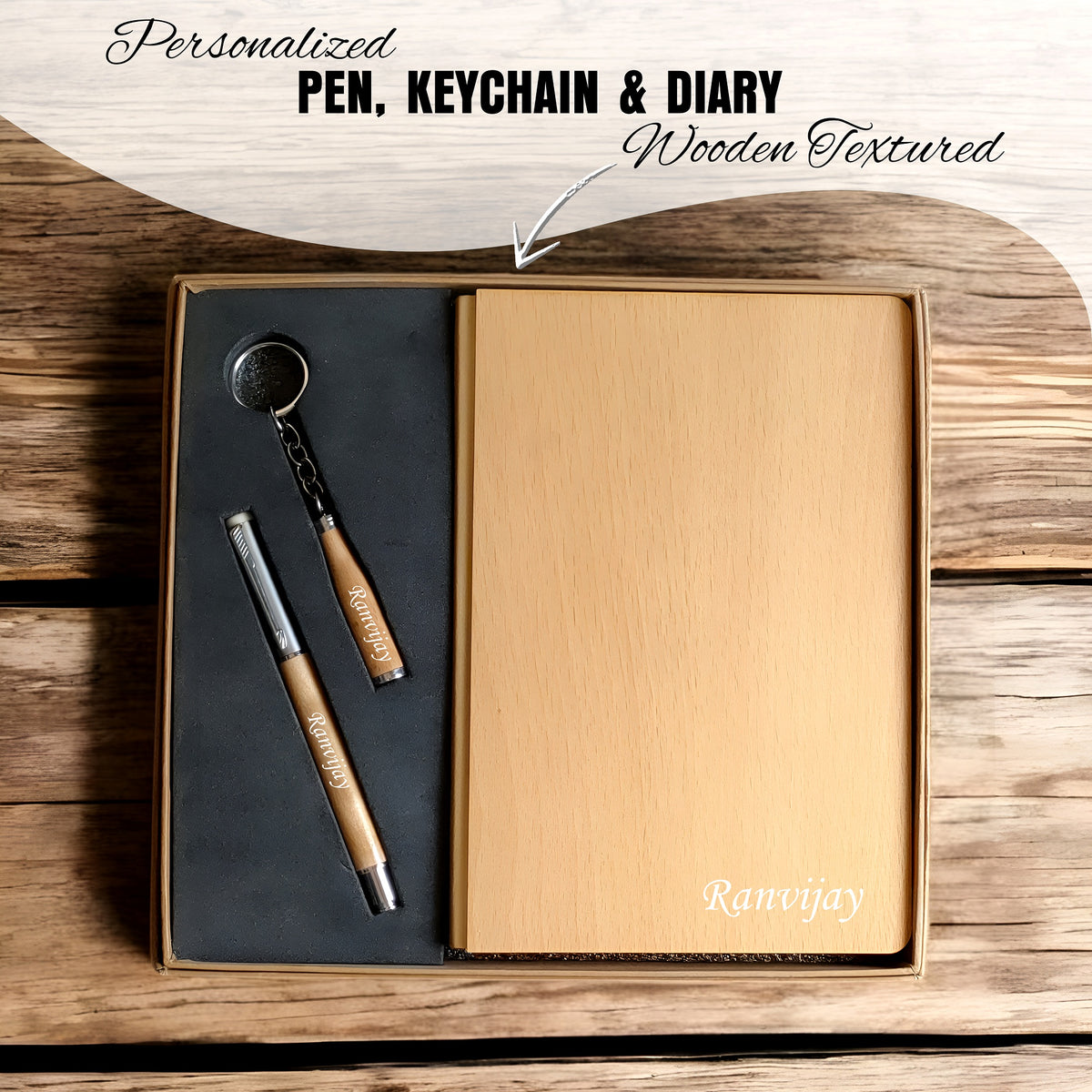 Wooden Finish Personalized Gift Set – Diary, Pen & Keychain with Emplo