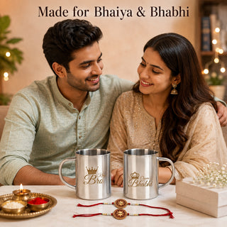 King Bro Queen Bhabhi Steel Mug Set of 2 with 2 Rakhi | 220 ML Double Wall Stainless Steel Couple Mugs