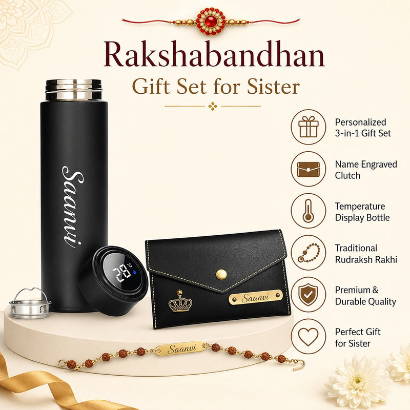 Customized Rakshabandhan Gift for Sister | Name Engraved Black Leather Clutch Purse, Temperature Bottle & Rudraksh Rakhi