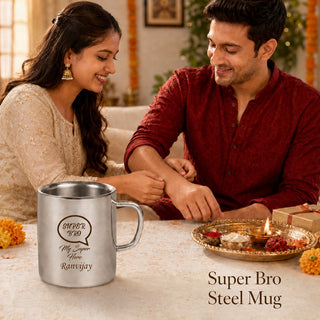 Customized Stainless Steel Coffee Mug with Super Bro and Name Emgraved.