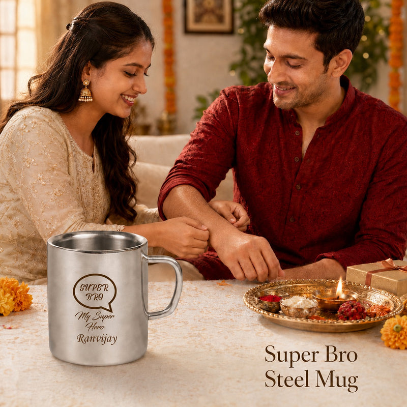 Customized Stainless Steel Coffee Mug with Super Bro and Name Emgraved.