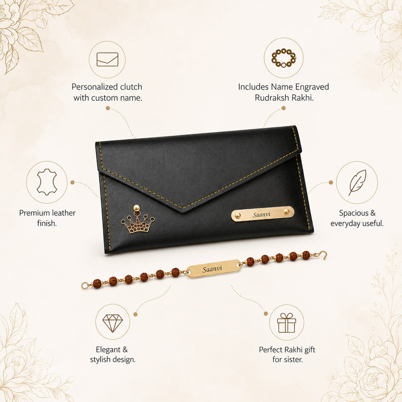 Customized  Rakhi Gift for Sister | Name Engraved Clutch & Rudraksh Name Rakhi