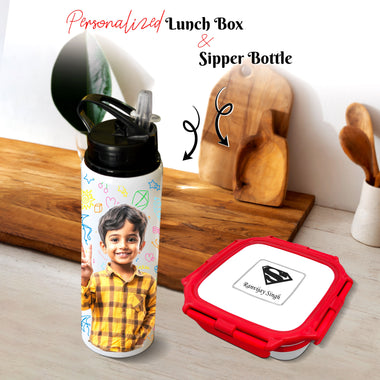 Personalized Kids School Set – Small Lunch Box & Photo Printed Sipper Bottle.