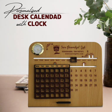 Wooden Desk Calendar with Clock – Lifetime Perpetual Calendar with Name Engraving