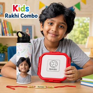 Customized Rakhi Gift Set for Kids, Customized Name Lunch Box with Cartoon Print, Photo Printed Water Bottle & Foil Rakhi