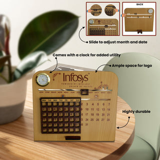 Wooden Desk Calendar with Clock – Lifetime Perpetual Calendar with Name Engraving