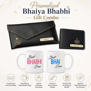 Customized Name Engraved Men's Wallet & Women's Clutch with Charm | Best Bhaiya Ever & Best Bhabhi Ever Ceramic Couple Mug Set| Personalized Gift for Bhaiya & Bhabhi