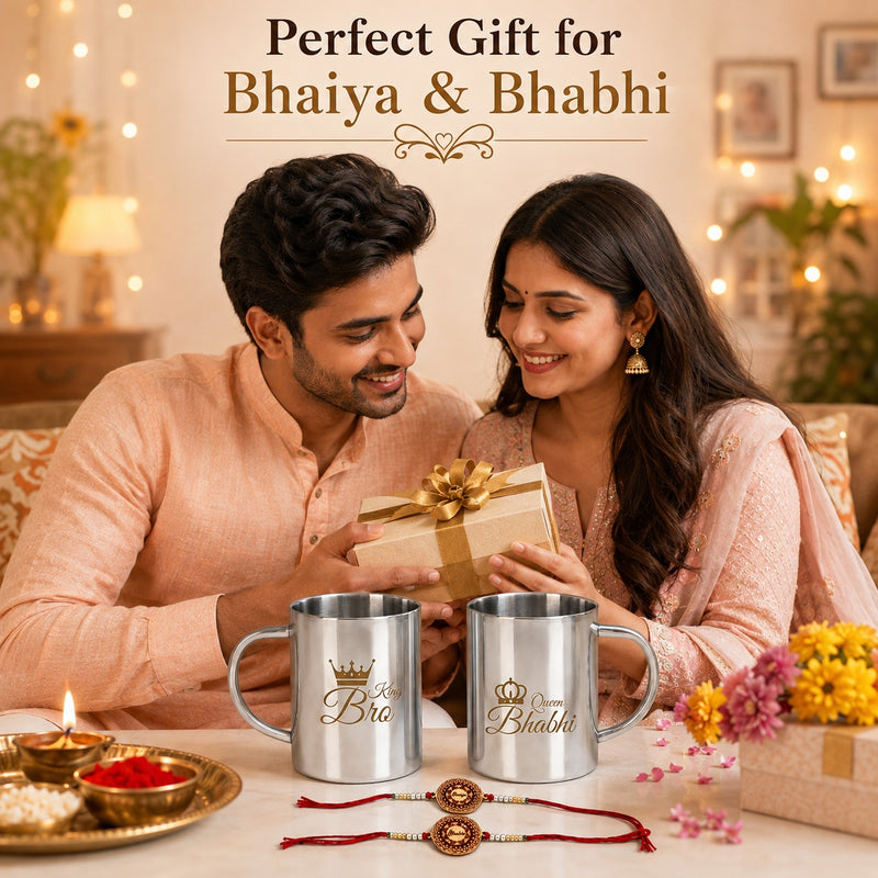 King Bro Queen Bhabhi Steel Mug Set of 2 with 2 Rakhi | 220 ML Double Wall Stainless Steel Couple Mugs