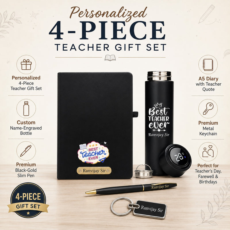 Customized Teachers Day Gift Combo with Name Engraved Pen, Water Bottle, A5 Diary & Keychain for Teachers.