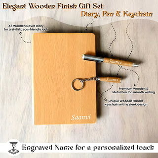 Wooden Finish Personalized Gift Set – Diary, Pen & Keychain with Employee Name & Company Logo –