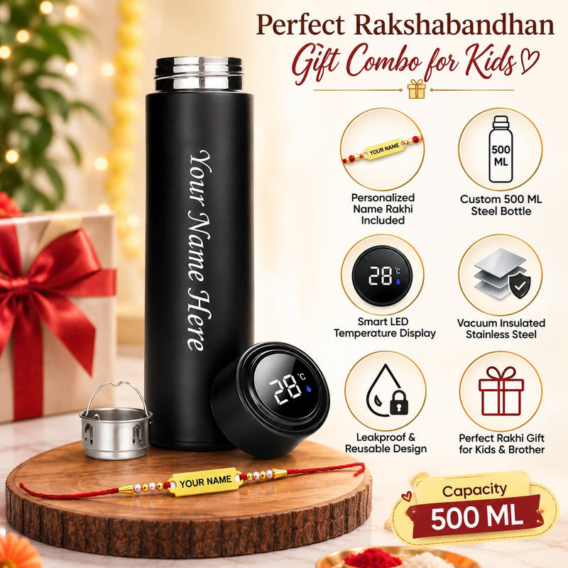 Personalized Rakhi Gift for Brother with Name | Customized Rakhi with 500ml Black Bottle |
