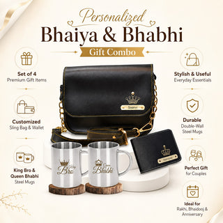 Customized Rakshabandhan Gift for Bhaiya & Bhabhi | Engraved Men's Wallet & Women's Sling Bag with Name & Charm | King Bro & Queen Bhabhi Steel Mugs