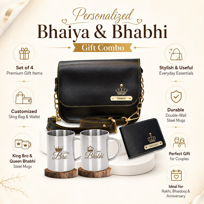 Customized Rakshabandhan Gift for Bhaiya & Bhabhi | Engraved Men's Wallet & Women's Sling Bag with Name & Charm | King Bro & Queen Bhabhi Steel Mugs