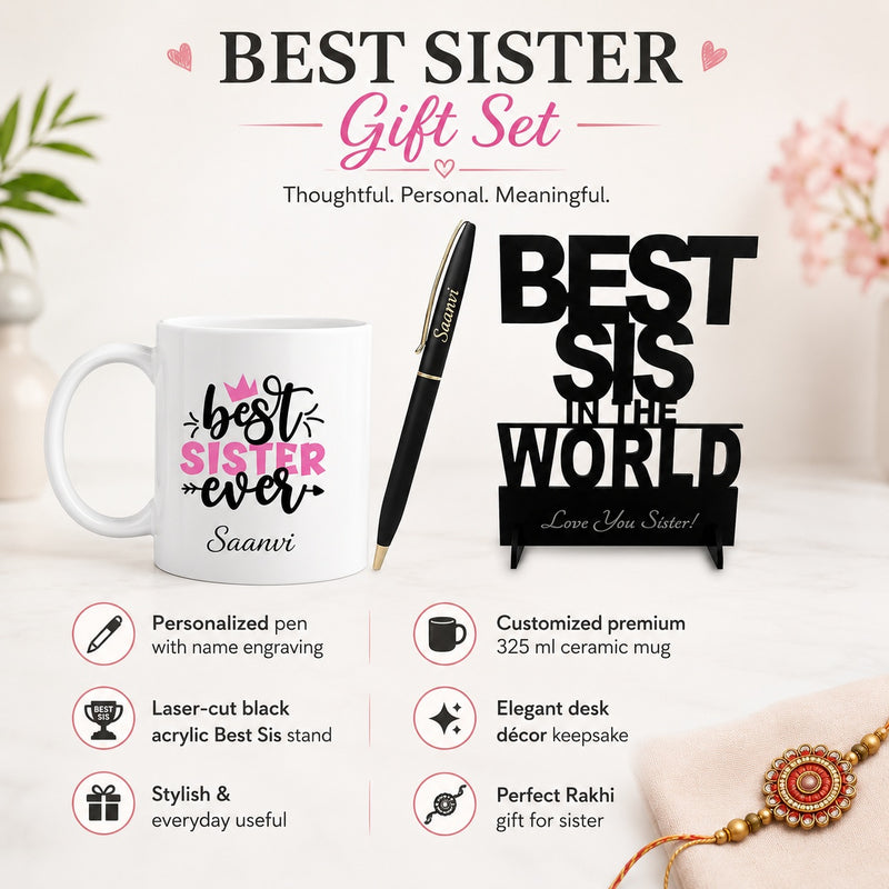 Personalized Gift Set for Sister | Customized Pen with Name Engraved, Awesome Sister Ever Mug & Best Sister in the World Acrylic Stand