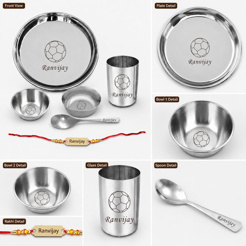 Personalized Rakshabandhan Gift Set – Customized Steel Meal Set with Name Cartoon Character | Engraved Foil Rakhi for Bhai