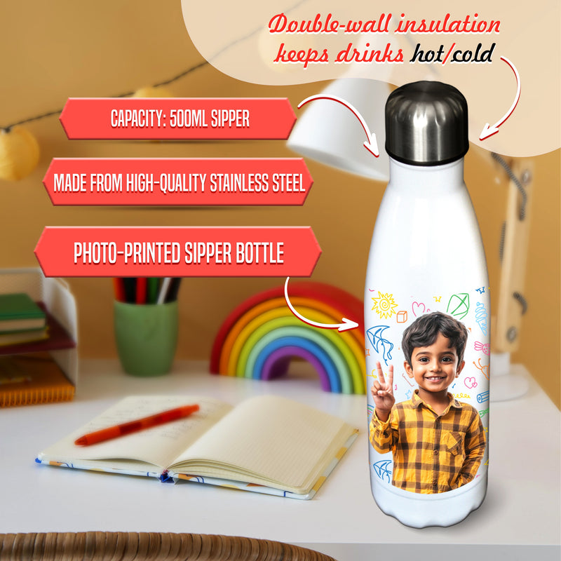 White Stainless Steel Insulated Bottle – Custom Photo & Name Printed Sipper.