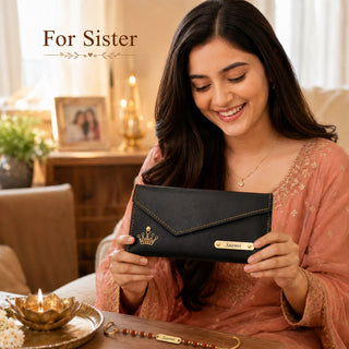 Customized  Rakhi Gift for Sister | Name Engraved Clutch & Rudraksh Name Rakhi