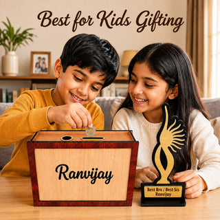 Customized Rakhi Gift Combo for Kids– Personalized Wooden Piggy Bank & Trophy